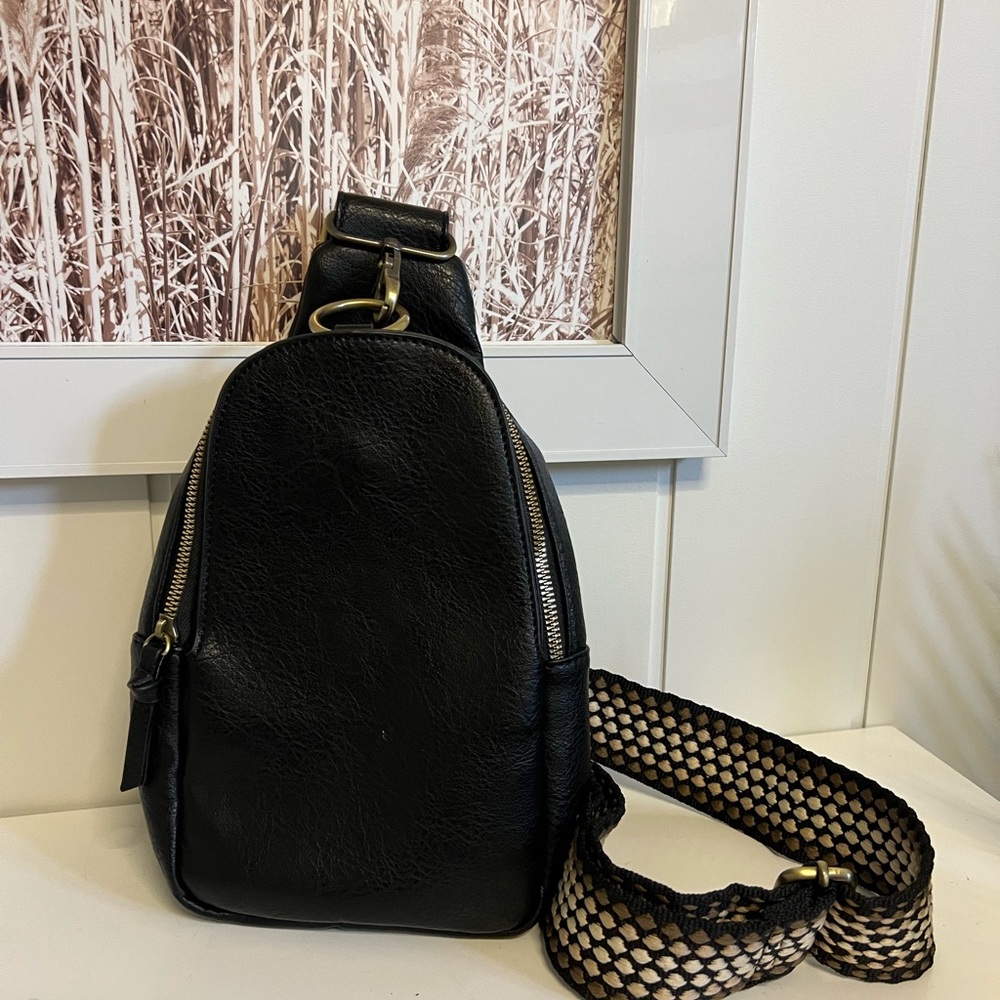 Black Faux Leather Sling Bag w/ Boho Strap
